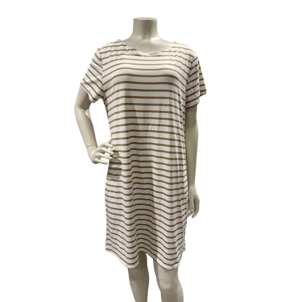 Beige White Striped Preppy Jude Connally Ella Sz Large Comfy Classic Shift Dress